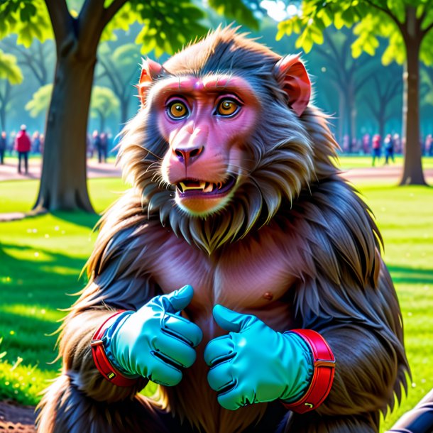 Picture of a baboon in a gloves in the park