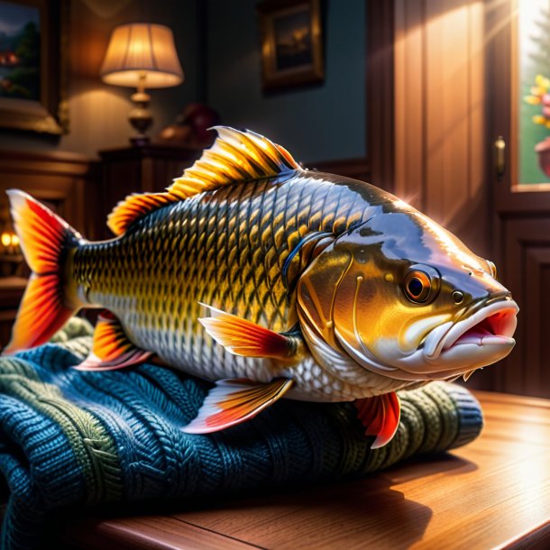 Photo of a carp in a sweater in the house