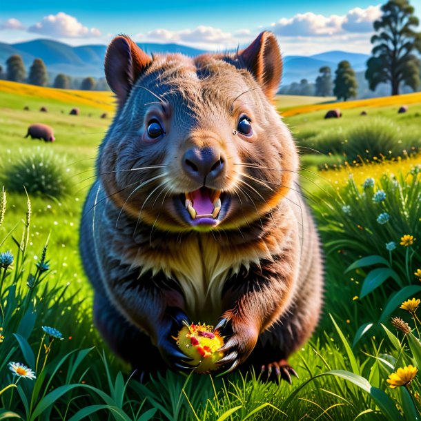 Foto de una comida de un wombat en el prado