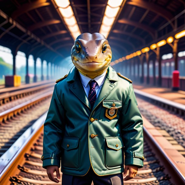 Image of a eel in a jacket on the railway tracks