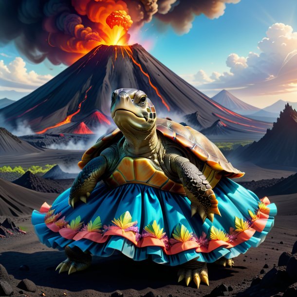 Illustration of a turtle in a dress in the volcano