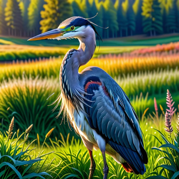 Photo of a heron in a sweater in the meadow