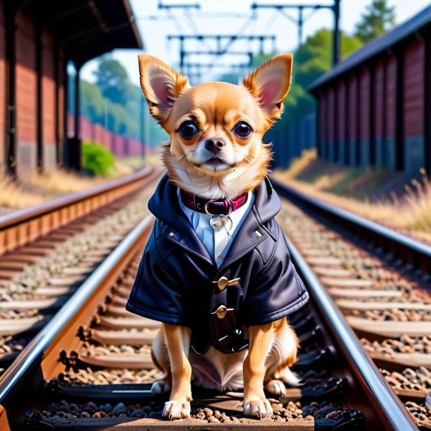 Foto de um chihuahua em um casaco nos trilhos ferroviários