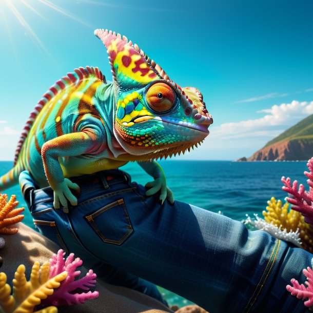 Photo of a chameleon in a jeans in the sea