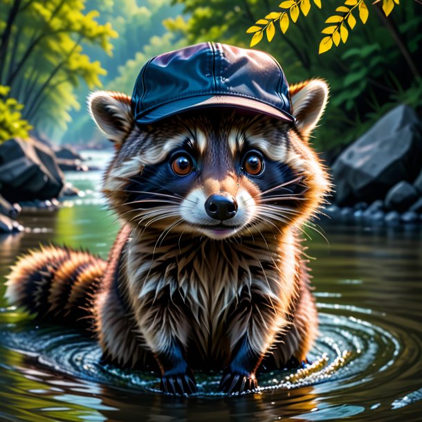 Imagen de un mapache en un gorro en el río