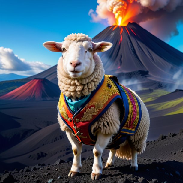 Foto de una oveja en un chaleco en el volcán