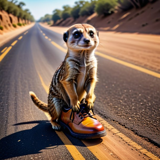 Image of a meerkat in a shoes on the road