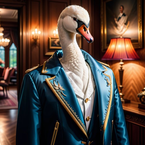 Photo of a swan in a jacket in the house