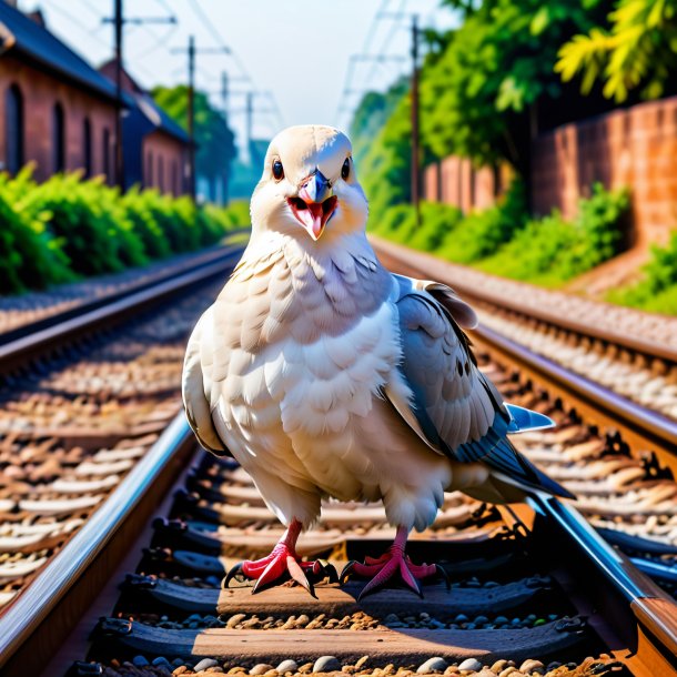 Foto de una sonrisa de una paloma en las vías del tren