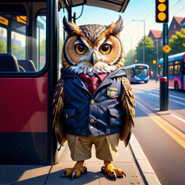 Imagem de uma coruja em uma calça no ponto de ônibus