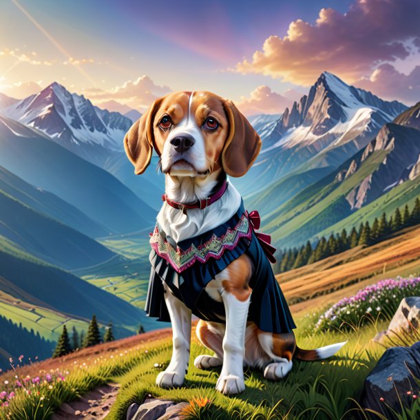 Ilustración de un beagle en una falda en las montañas