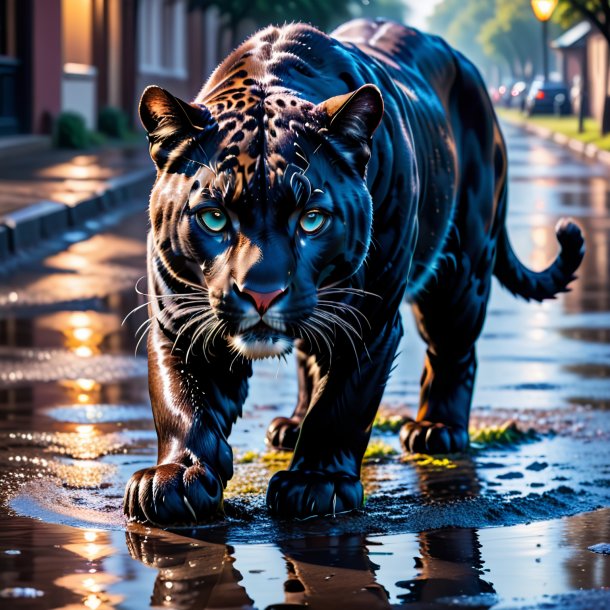 Photo of a panther in a gloves in the puddle