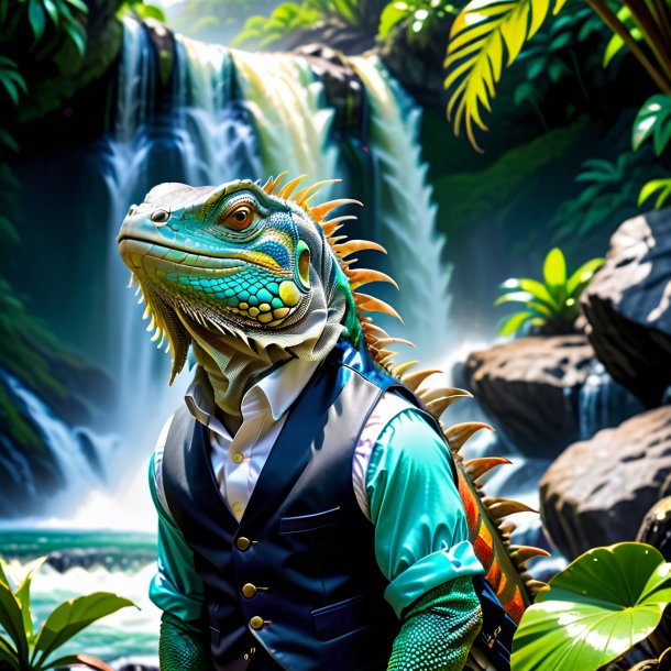 Pic of a iguana in a vest in the waterfall