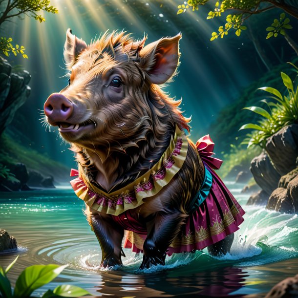 Drawing of a boar in a skirt in the water