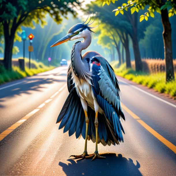 Picture of a heron in a dress on the road