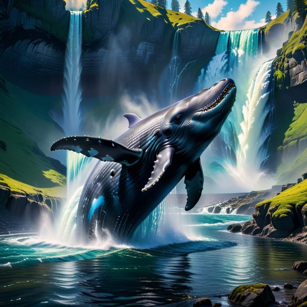 Photo of a whale in a coat in the waterfall