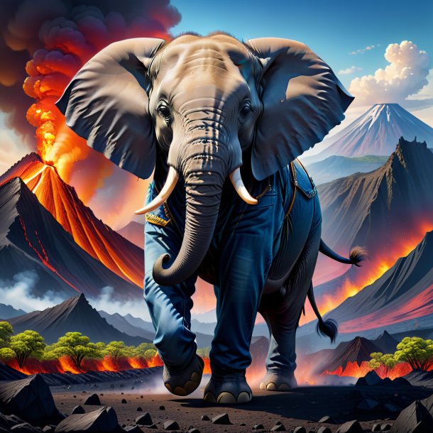 Illustration d'un éléphant dans un jean dans le volcan