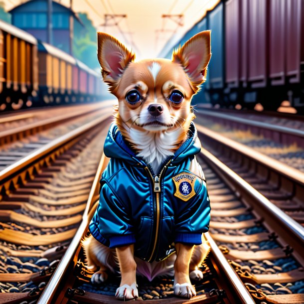 Imagem de um chihuahua em uma jaqueta nos trilhos ferroviários