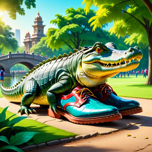 Drawing of a crocodile in a shoes in the park