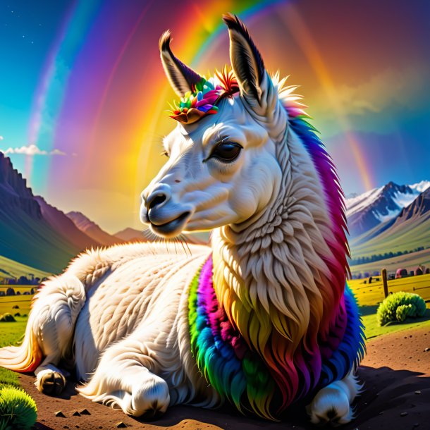 Picture of a sleeping of a llama on the rainbow