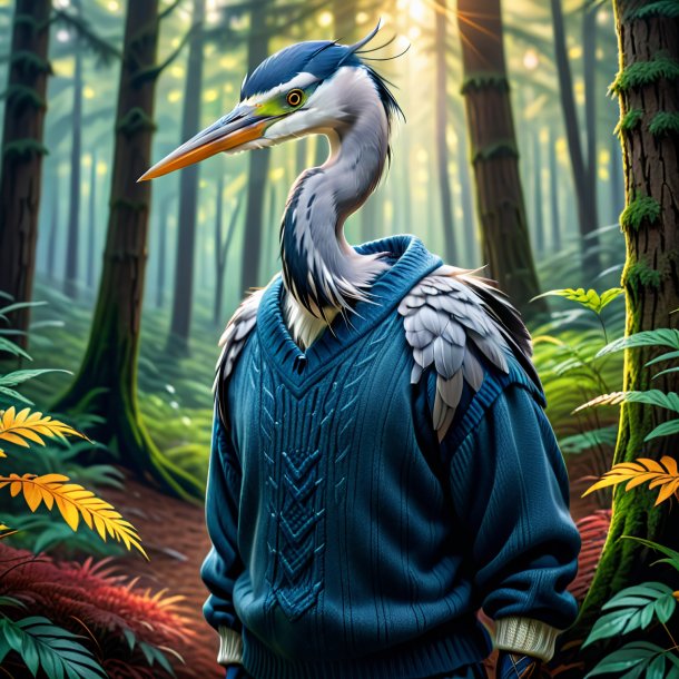 Picture of a heron in a sweater in the forest