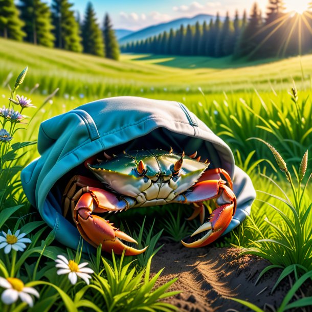 Photo of a crab in a hoodie in the meadow