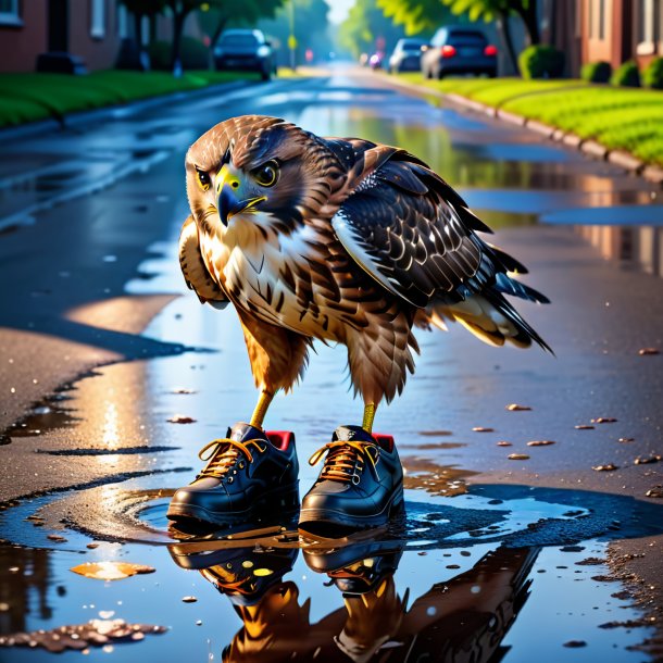 Image of a hawk in a shoes in the puddle