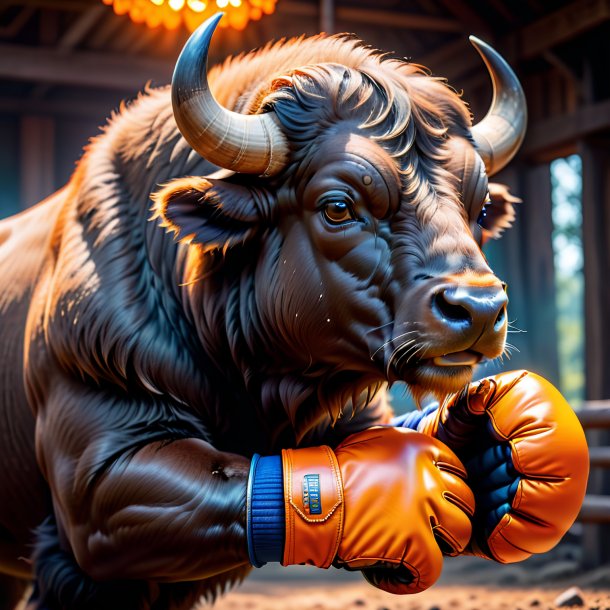 Photo of a buffalo in a orange gloves