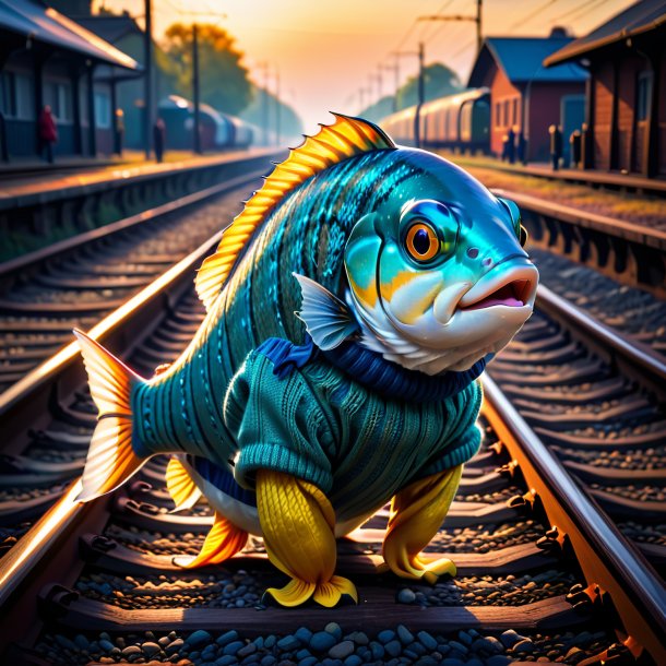 Imagem de um peixe em um suéter nos trilhos ferroviários