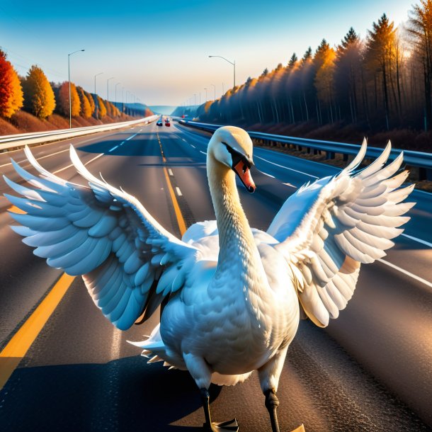 Foto de um cisne em um casaco na estrada