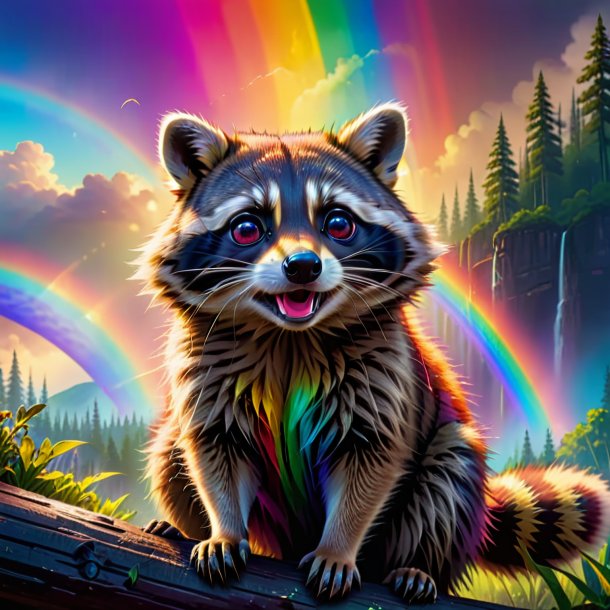 Picture of a crying of a raccoon on the rainbow