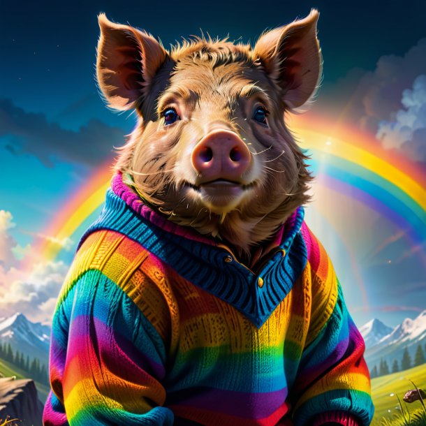 Drawing of a boar in a sweater on the rainbow