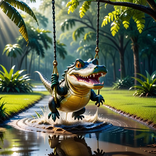 Photo of a swinging on a swing of a alligator in the puddle