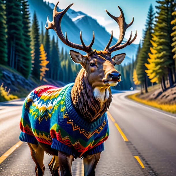 Image of a elk in a sweater on the road