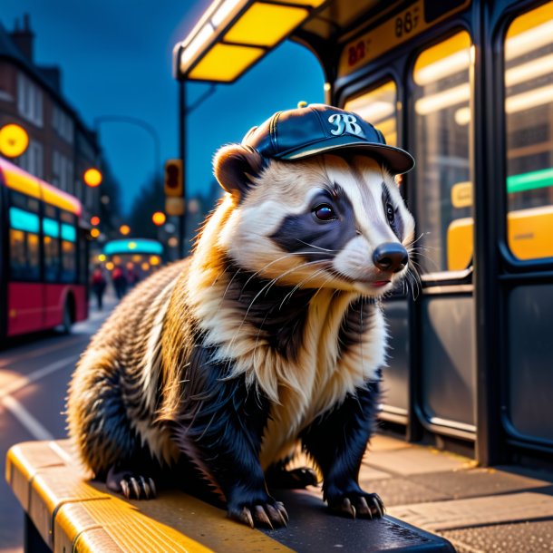 Pic d'un blaireau dans une casquette sur l'arrêt de bus