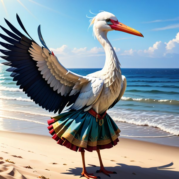 Illustration of a stork in a skirt on the beach