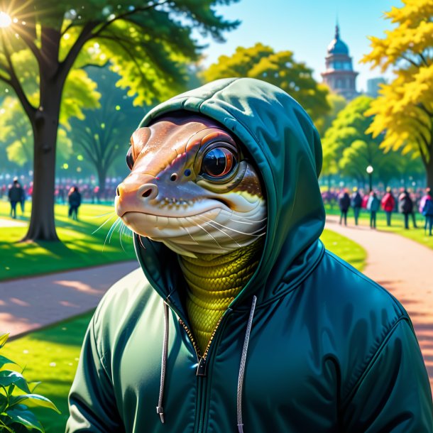 Drawing of a eel in a hoodie in the park