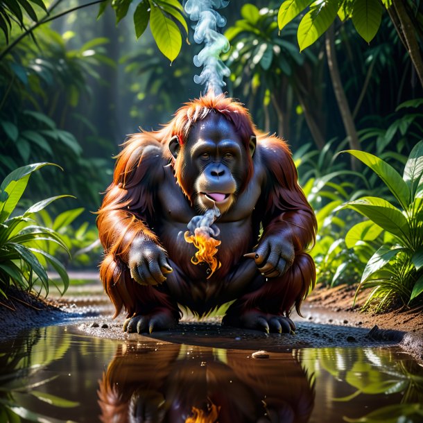 Pic of a smoking of a orangutan in the puddle