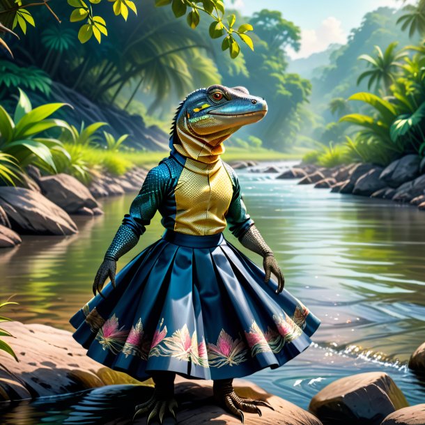 Illustration of a monitor lizard in a skirt in the river