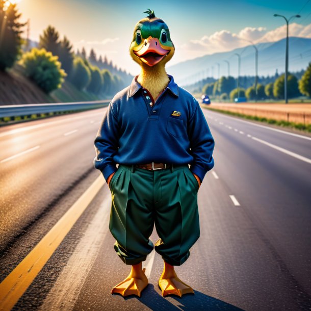 Picture of a duck in a trousers on the highway