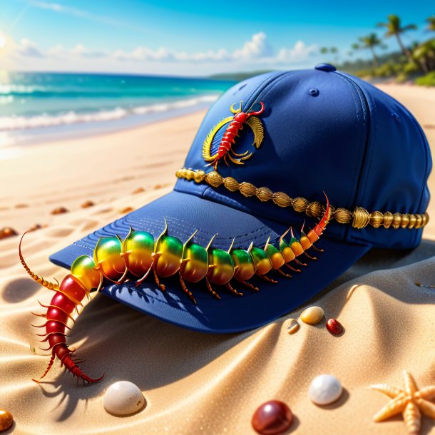 Illustration of a centipede in a cap on the beach