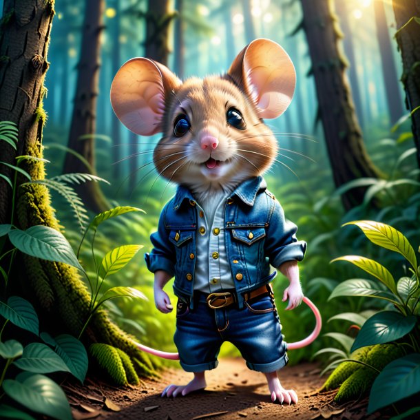 Photo of a mouse in a jeans in the forest