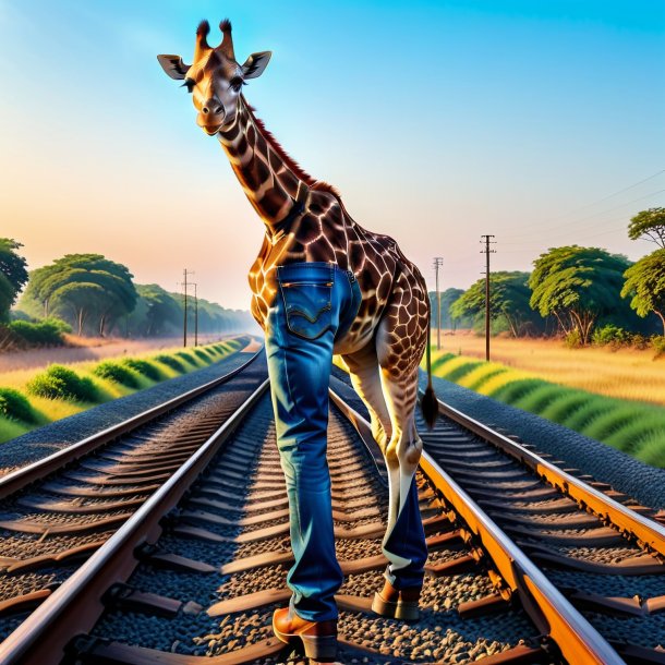 Foto de una jirafa en jeans en las vías del tren