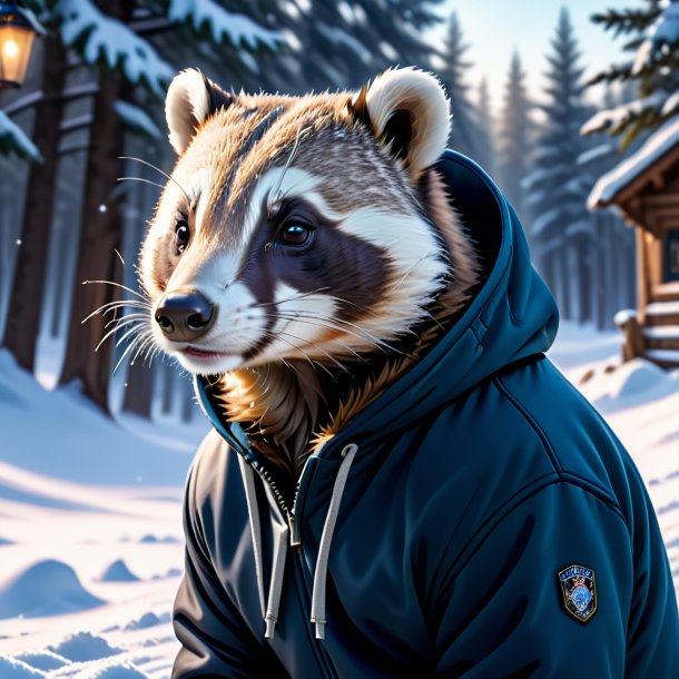 Picture of a badger in a hoodie in the snow