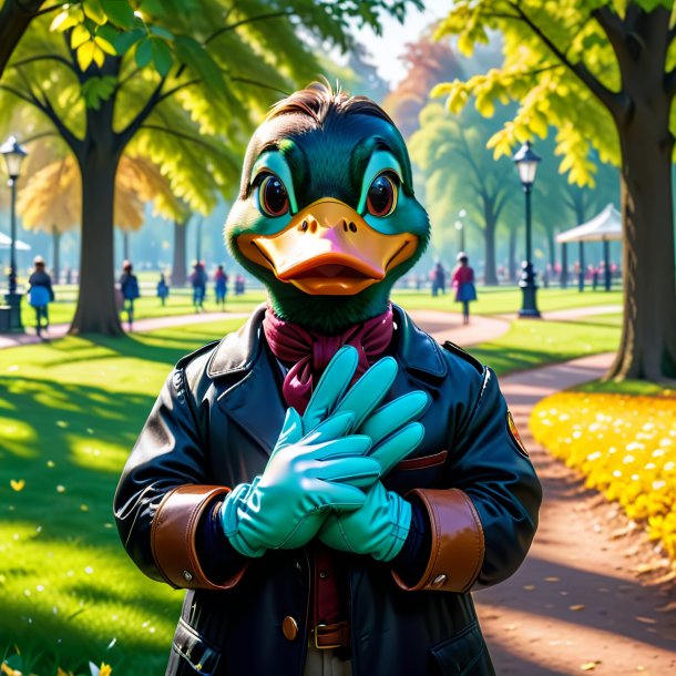 Picture of a duck in a gloves in the park