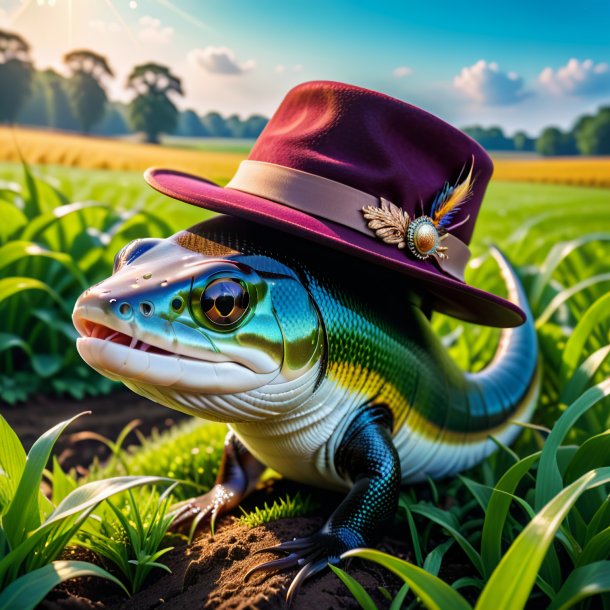 Foto de uma enguia em um chapéu no campo