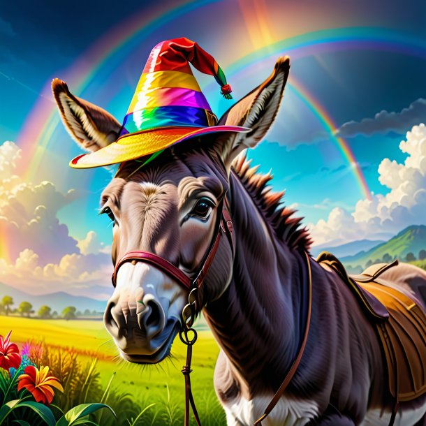 Drawing of a donkey in a hat on the rainbow