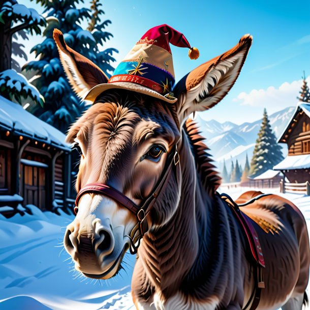 Illustration of a donkey in a hat in the snow