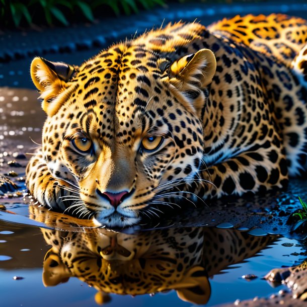 Pic of a sleeping of a leopard in the puddle