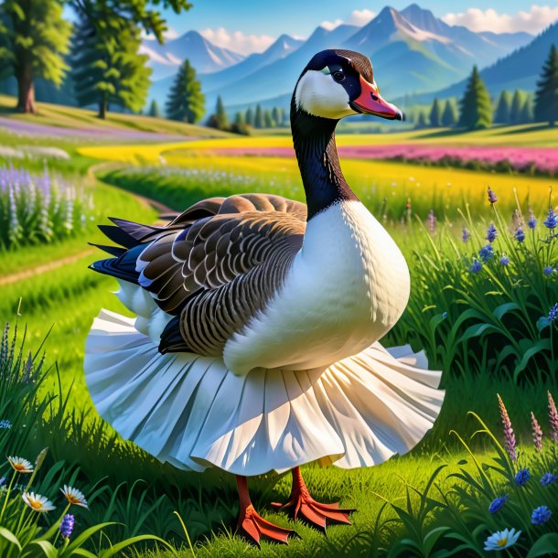 Image of a goose in a skirt in the meadow